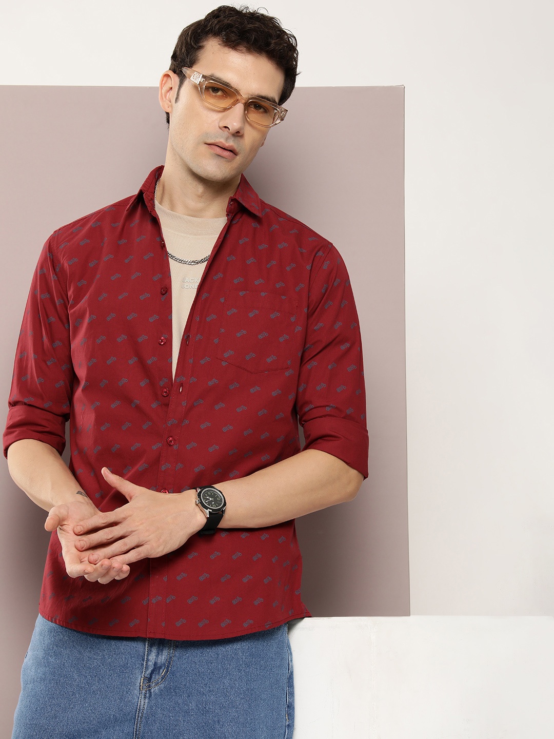 

DILLINGER Men Classic Printed Casual Shirt, Maroon