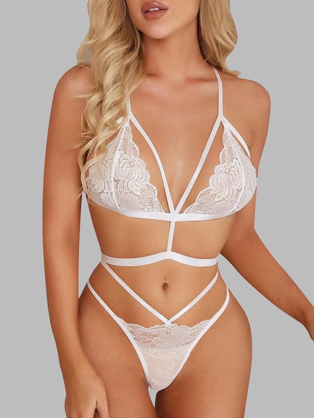 

KRENOZ Non Padded Lace Bra & Mid-Rise Brief, White