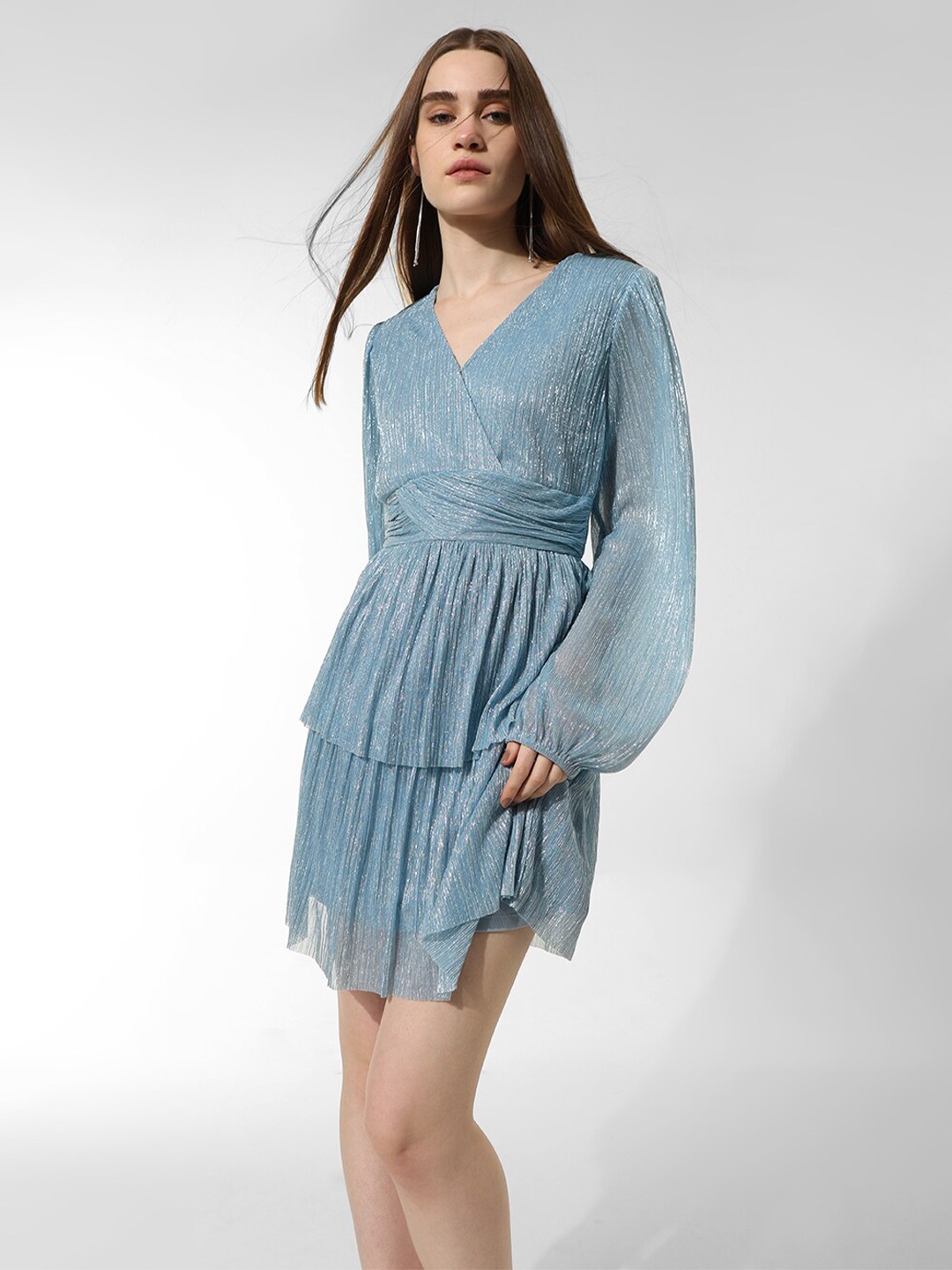 

ONLY Self Design Puff Sleeves Layered Wrap Mini Dress, Blue