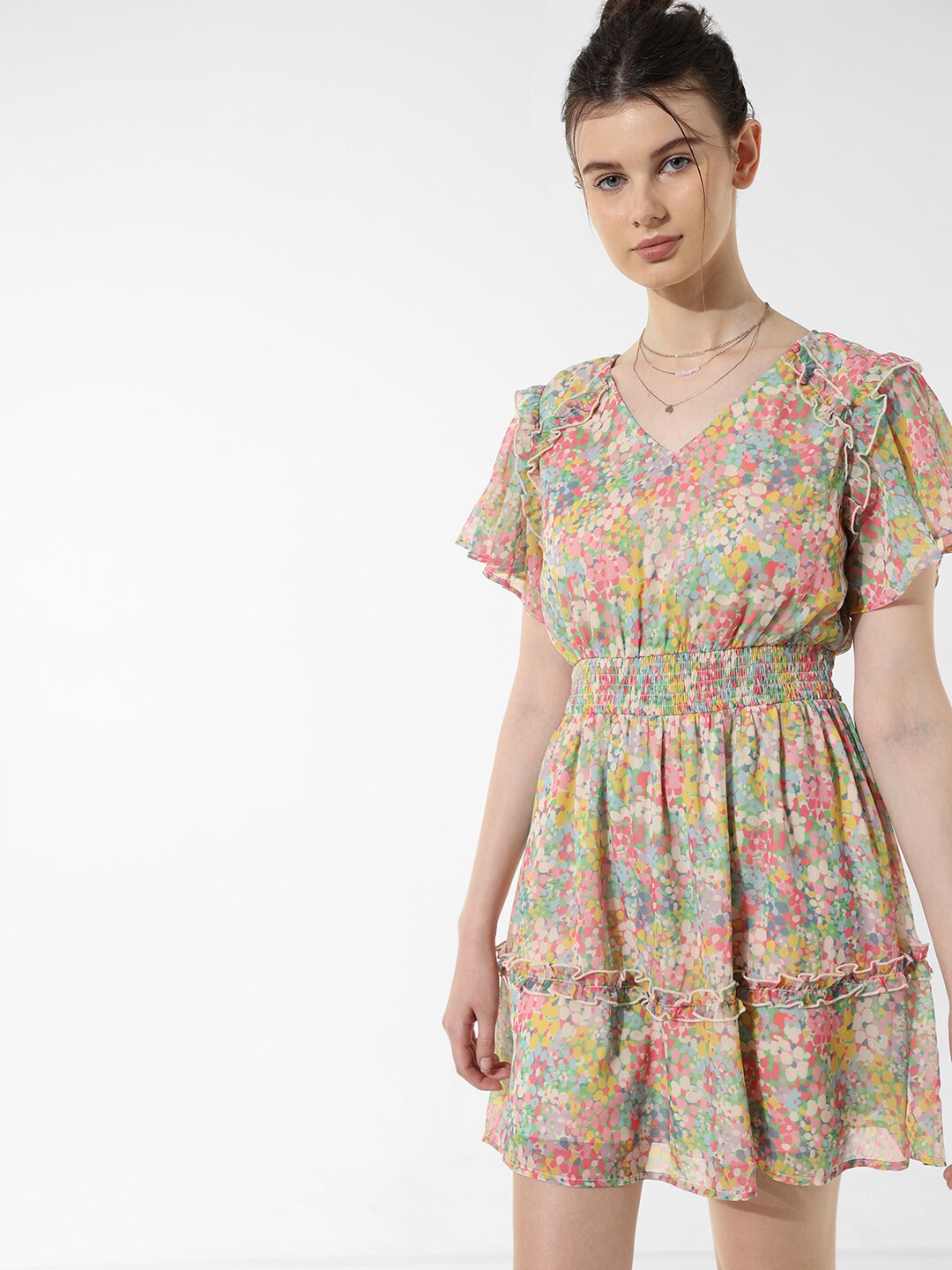 

ONLY Floral Printed Flared Sleeves Smocked Ruffled Fit & Flare Dress, Pink