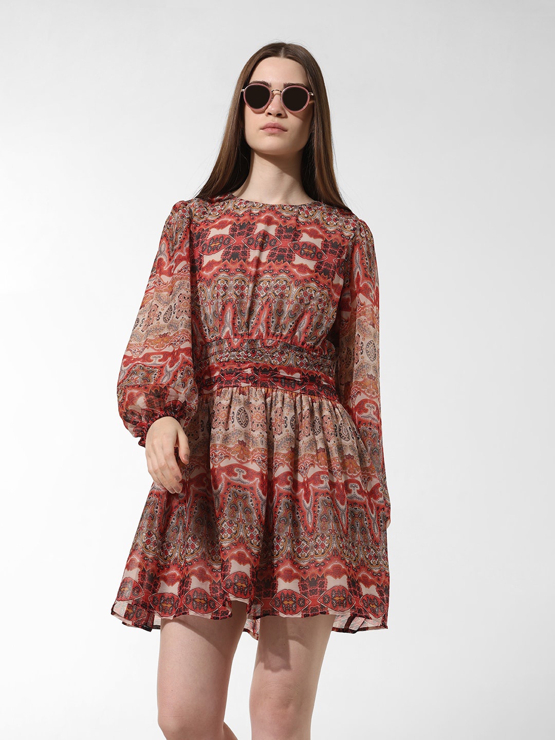 

ONLY Ethnic Motifs Printed Puff Sleeves Mini Fit & Flare Dress, Brown