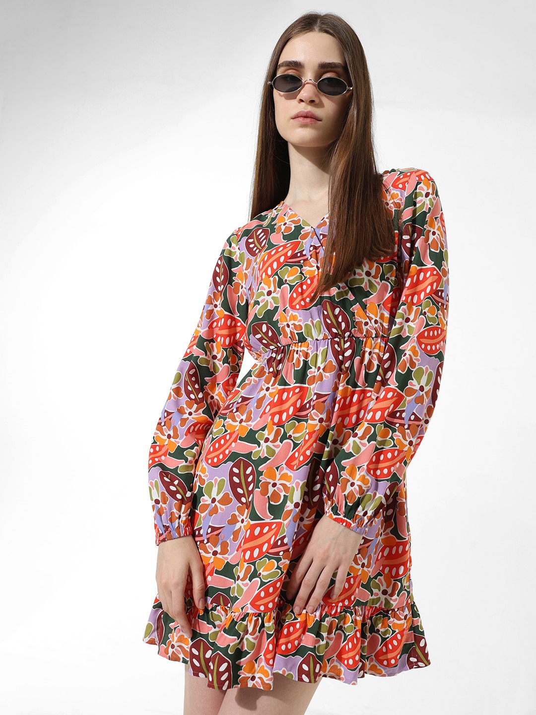 

ONLY Floral Printed Puff Sleeves Flounce Fit & Flare Dress, Pink
