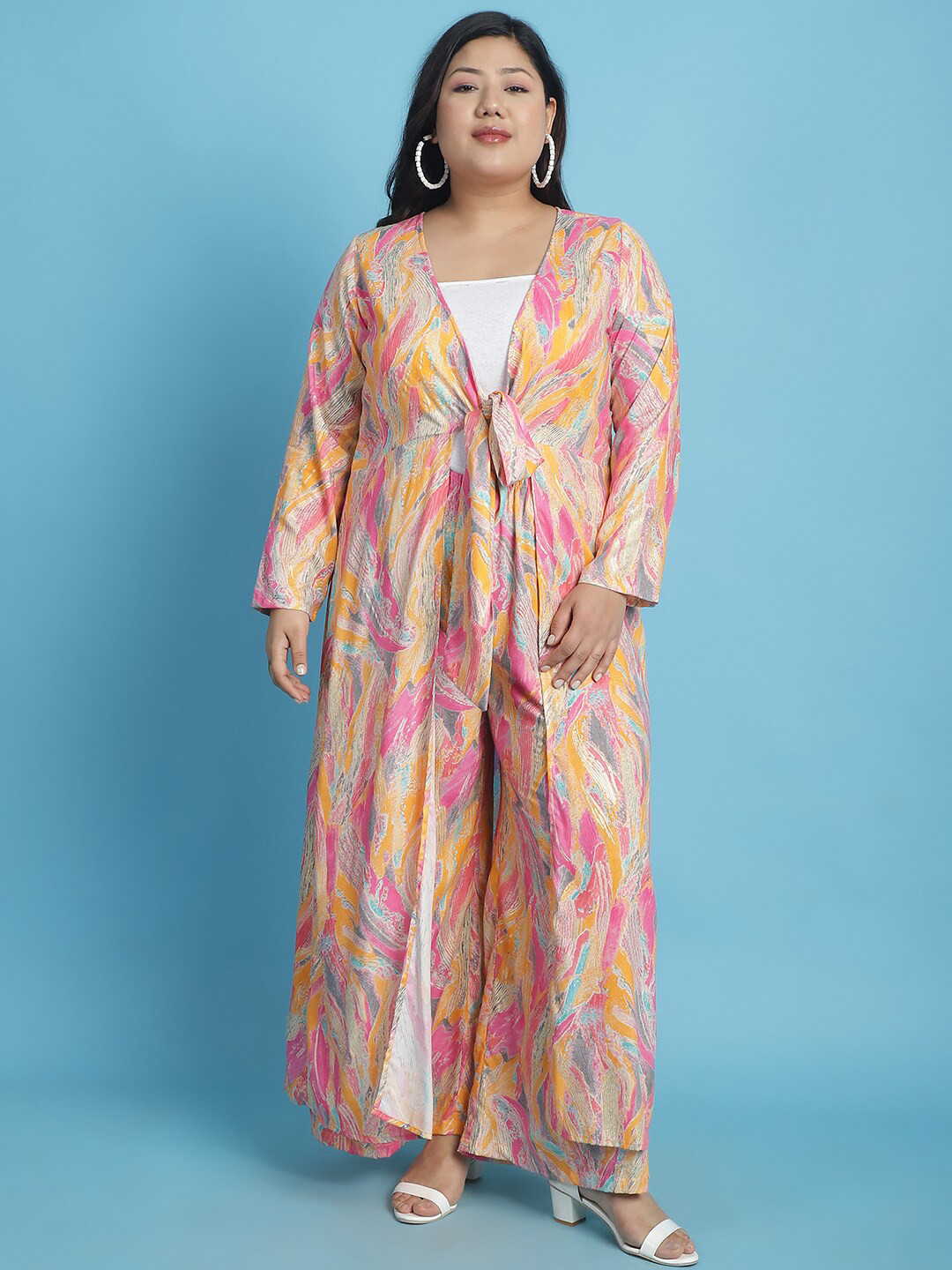 

theRebelinme Plus Size Printed Longline Tie-Up Shrug, Pink