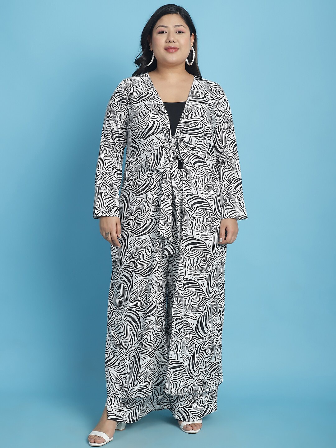 

theRebelinme Plus Size Printed Longline Tie-Up Shrug, White