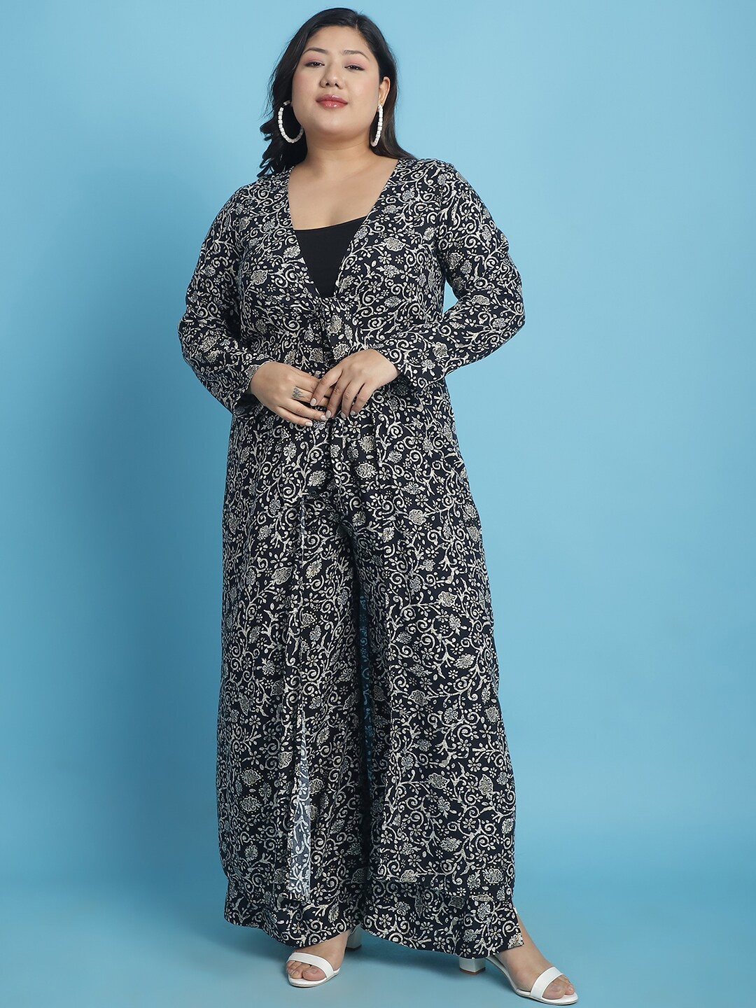 

theRebelinme Plus Size Printed Longline Tie-Up Shrug, Black