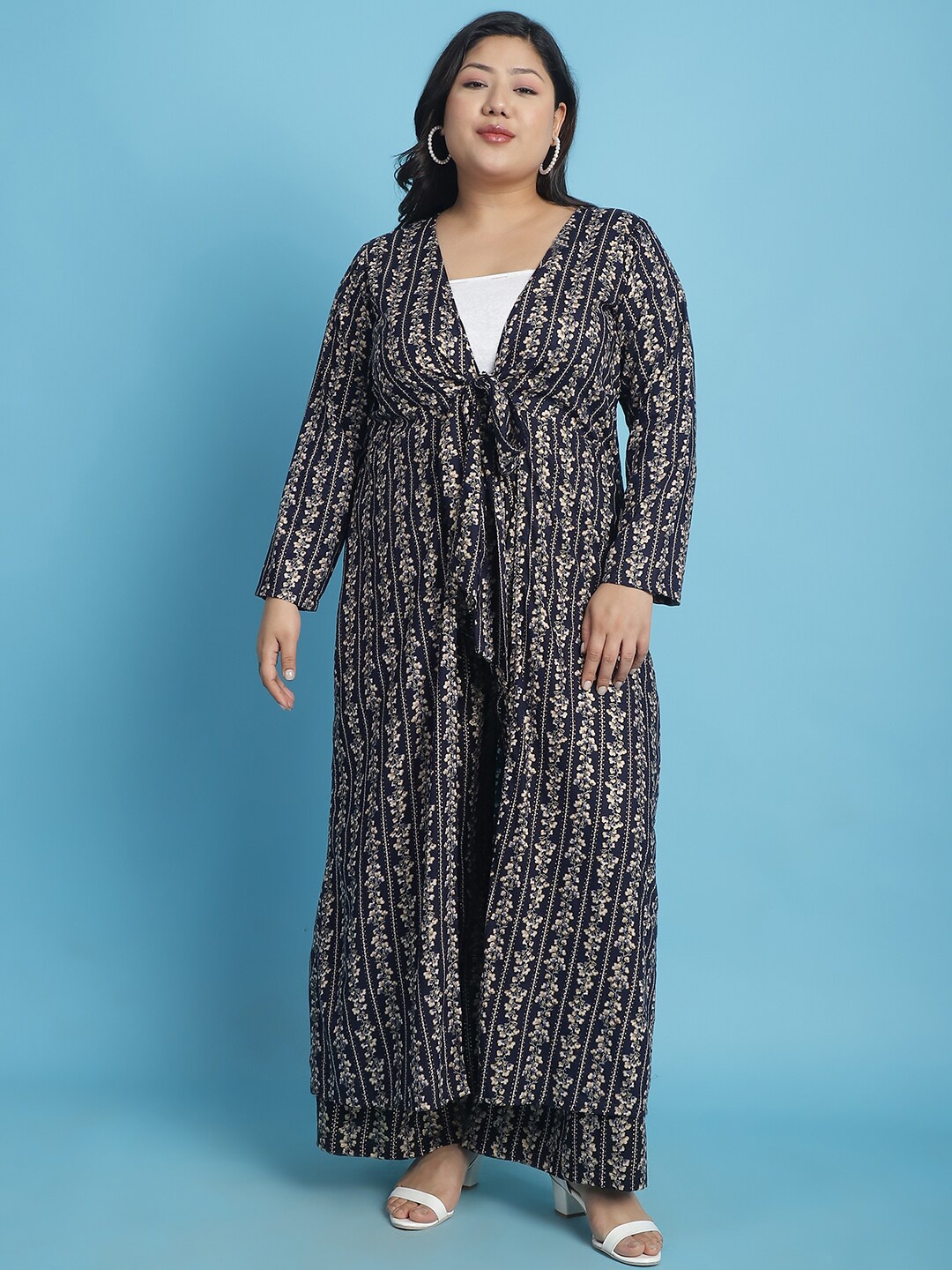 

theRebelinme Plus Size Printed Longline Tie-Up Shrug, Navy blue