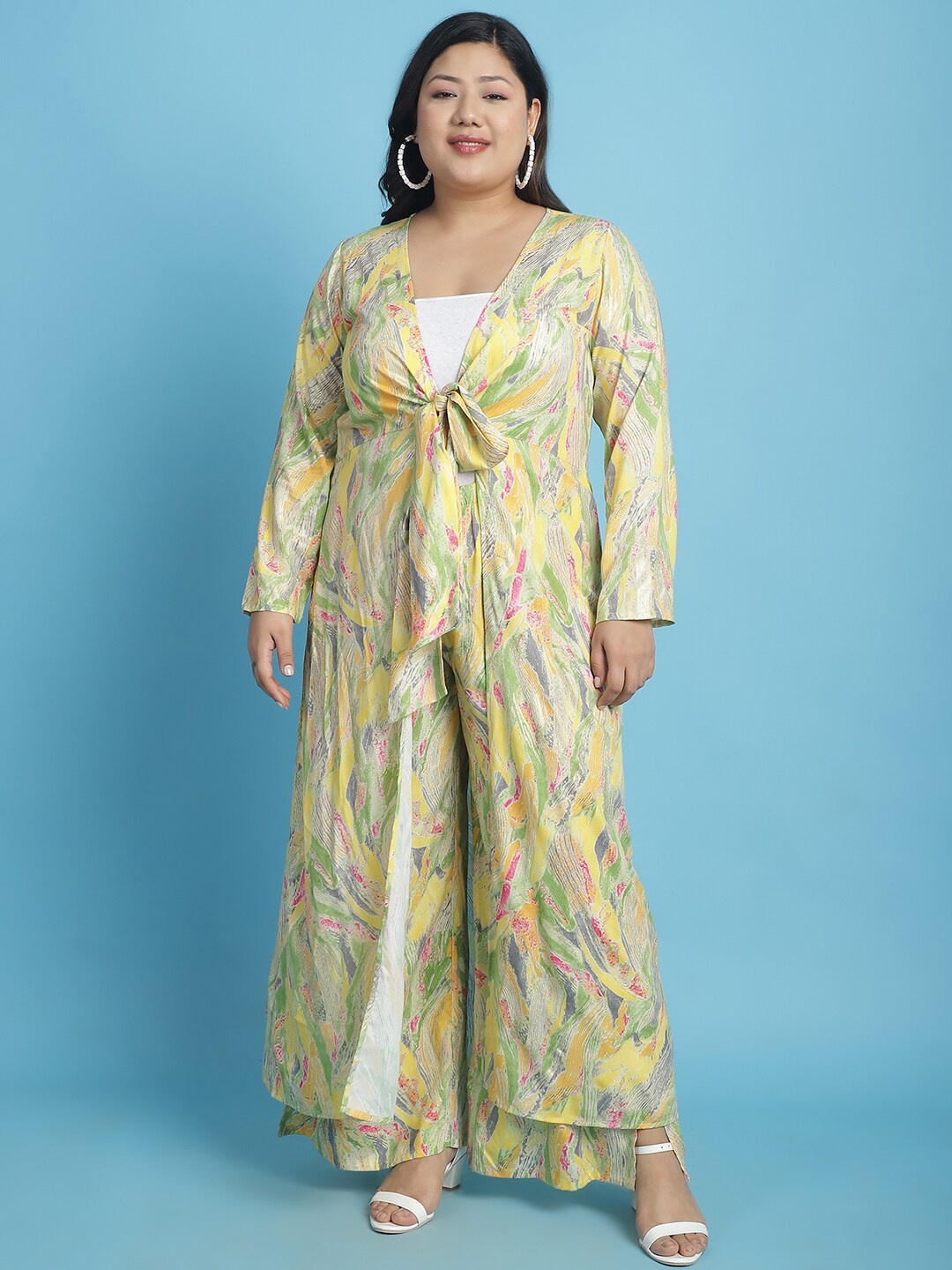 

theRebelinme Plus Size Printed Longline Tie-Up Shrug, Yellow