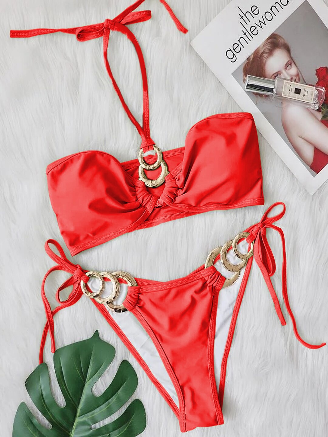

KRENOZ Chain Hollow Straps Lingerie Set, Red