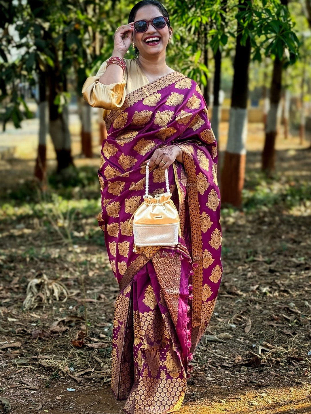 

Apaapi Threads of glory Ethnic Motifs Zari Silk Mekhela Chador Saree, Purple