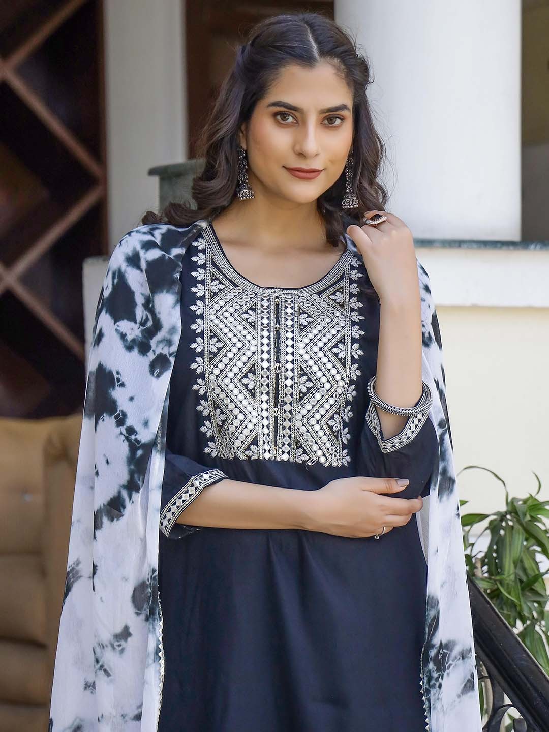 

mokshi Ethnic Motifs Embroidered Round Neck Three-Quarter Sleeves Mirror Work Kurta Set, Navy blue