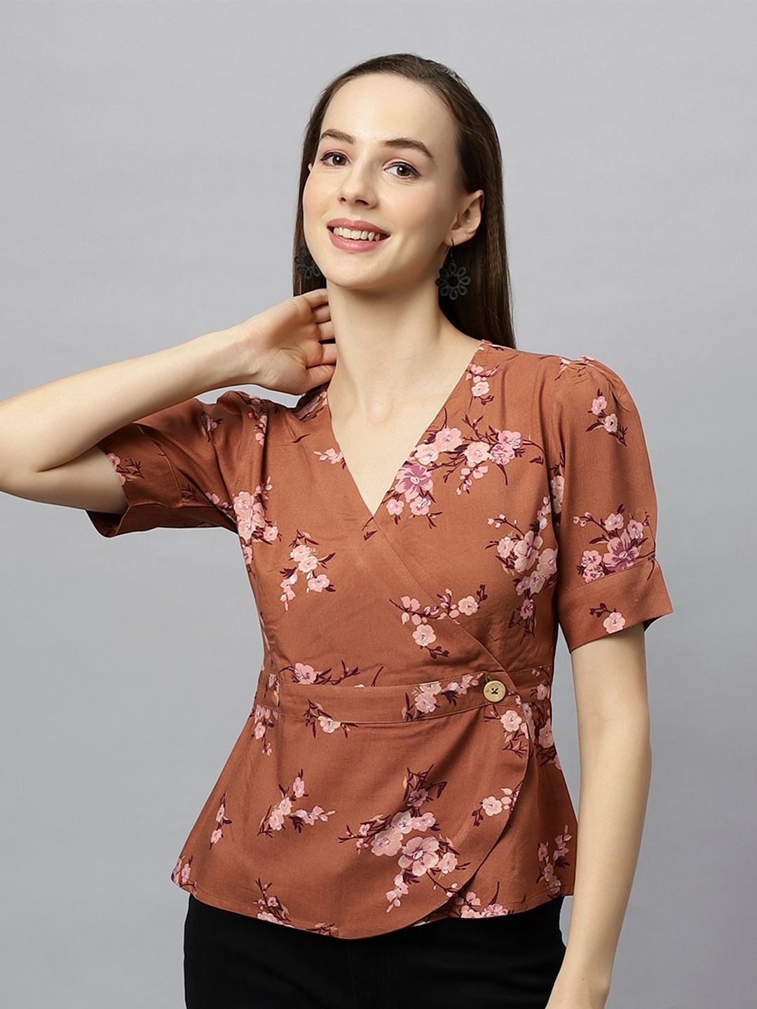 

DressBerry V-Neck Floral Print Puff Sleeve Wrap Top, Rust