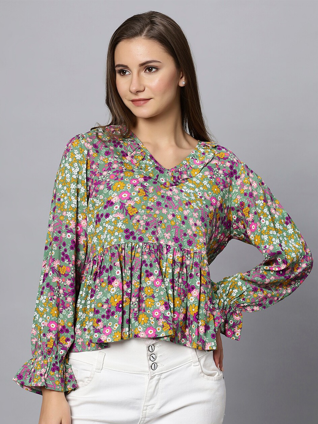 

DressBerry V-Neck Floral Print Bell Sleeve Top, Green