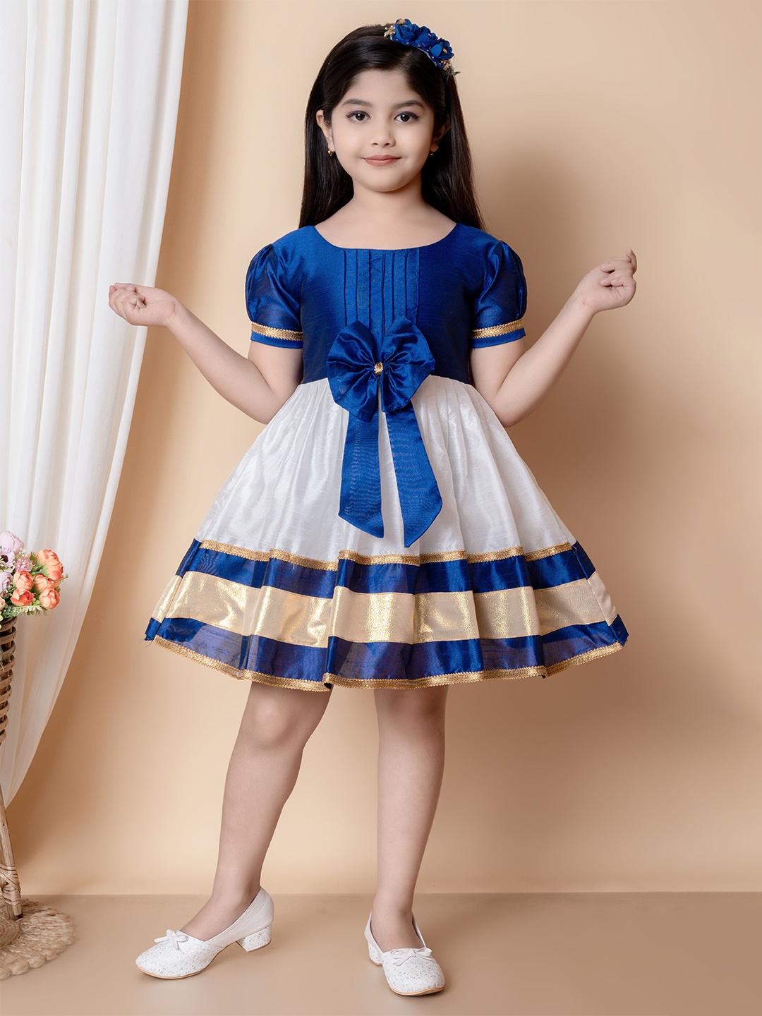 

KAARIGARI Girls Striped Puff Sleeve Silk Fit & Flare Dress, Blue