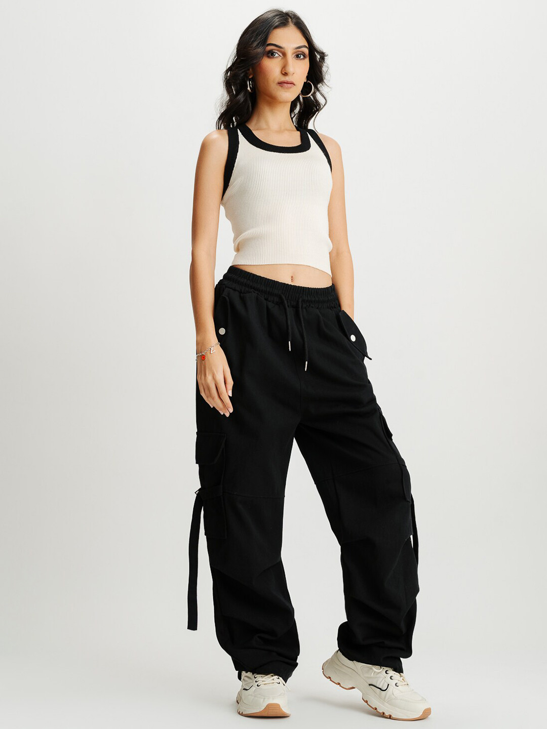 

FREAKINS White Round Neck Ribbed Cotton Tank Crop Top