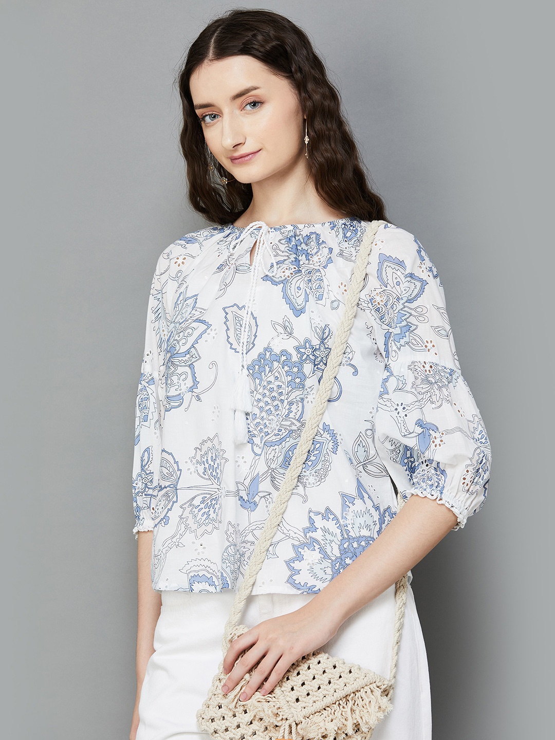 

Colour Me by Melange Tie-Up Neck Print Puff Sleeve Cotton Top, White