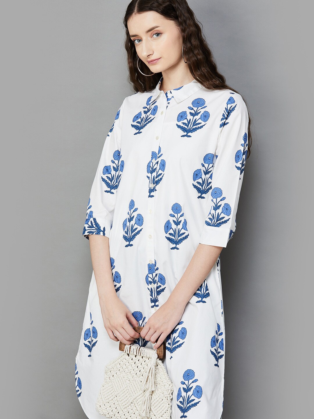 

Colour Me by Melange Floral Printed Cotton Shirt Collar Straight Kurta, White