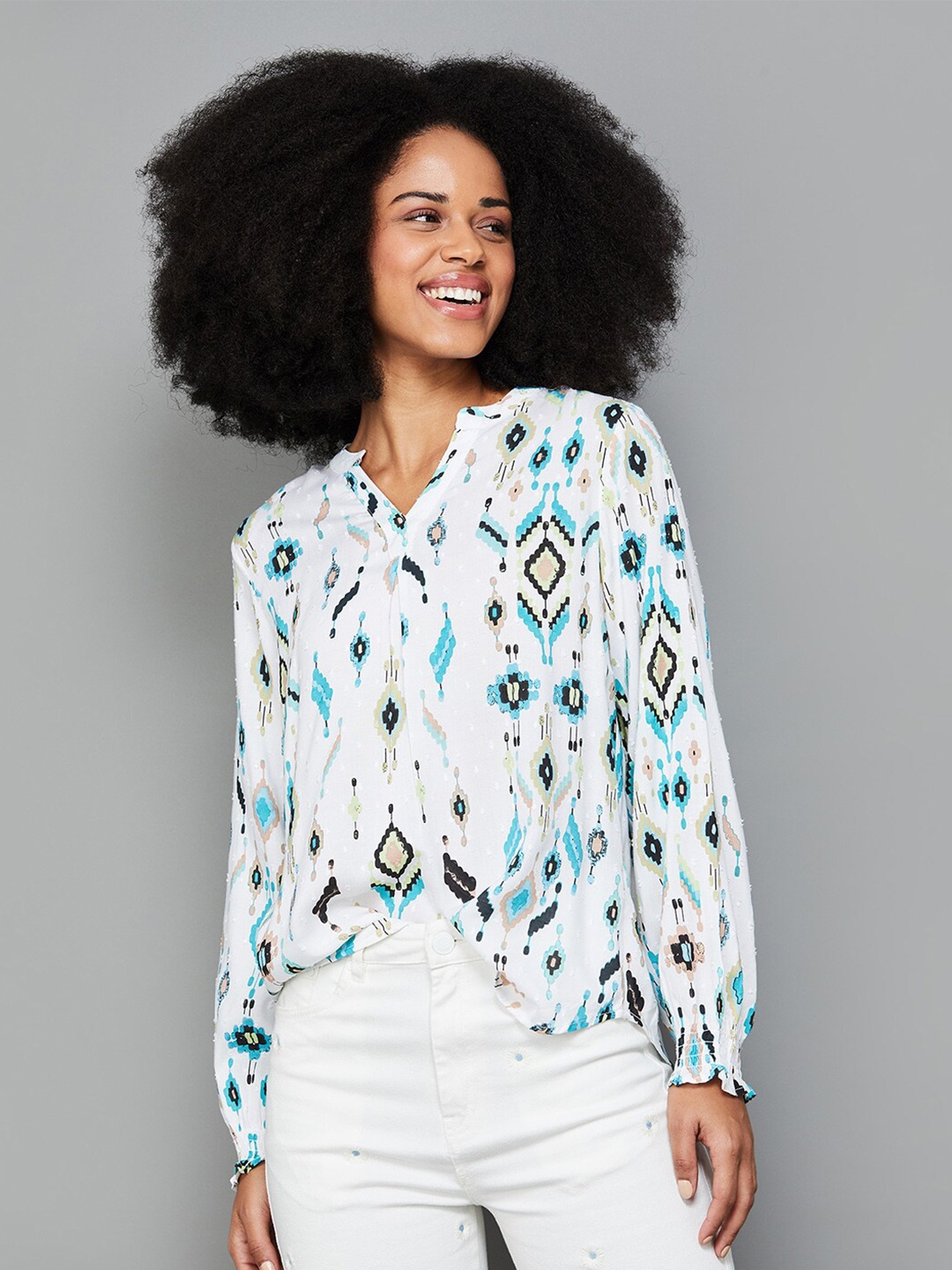 Fame Forever by Lifestyle Mandarin Collar Floral Print Top, White