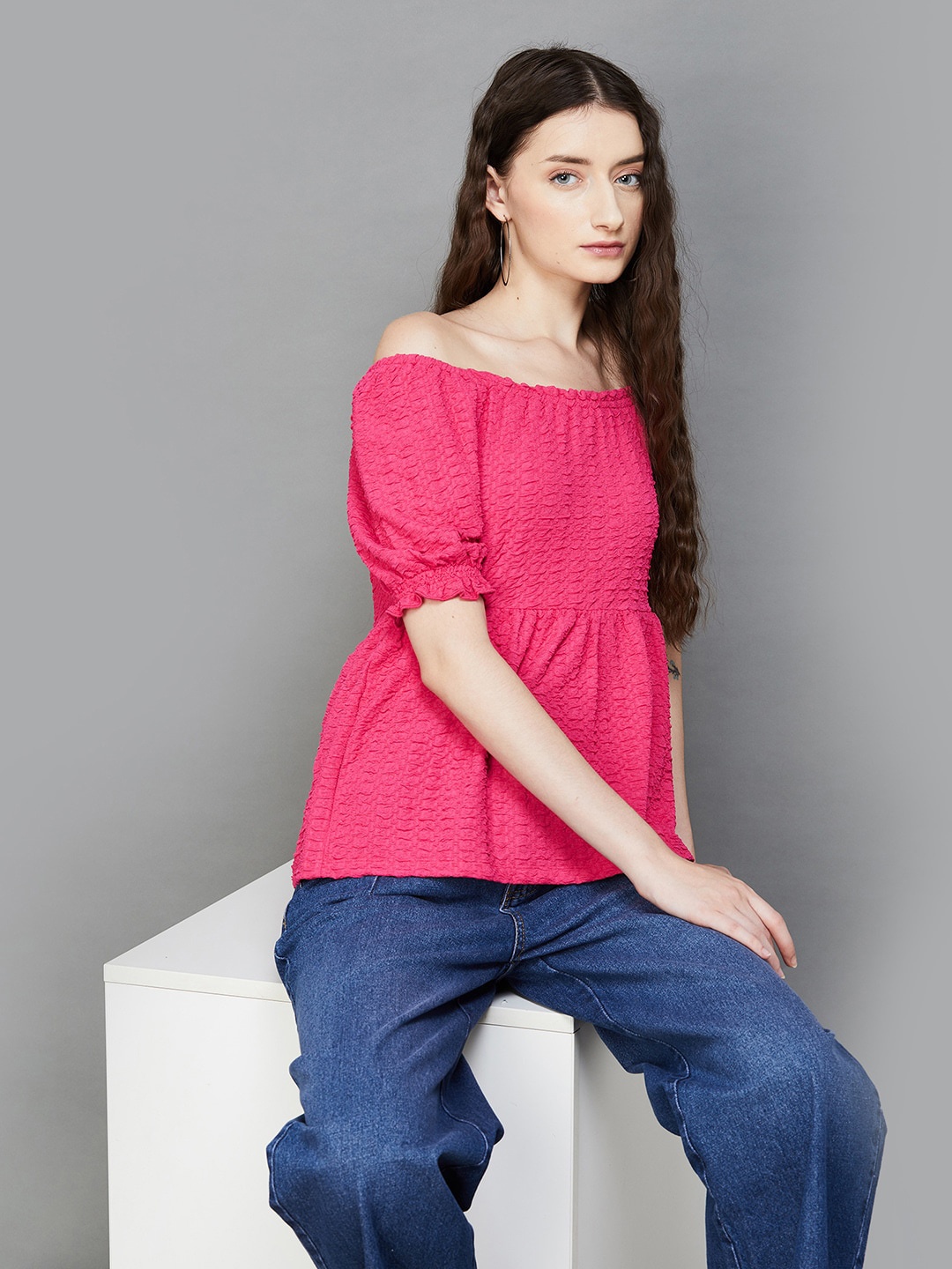 

Fame Forever by Lifestyle Self Design Off-Shoulder Puffed Sleeves Bardot Top, Pink