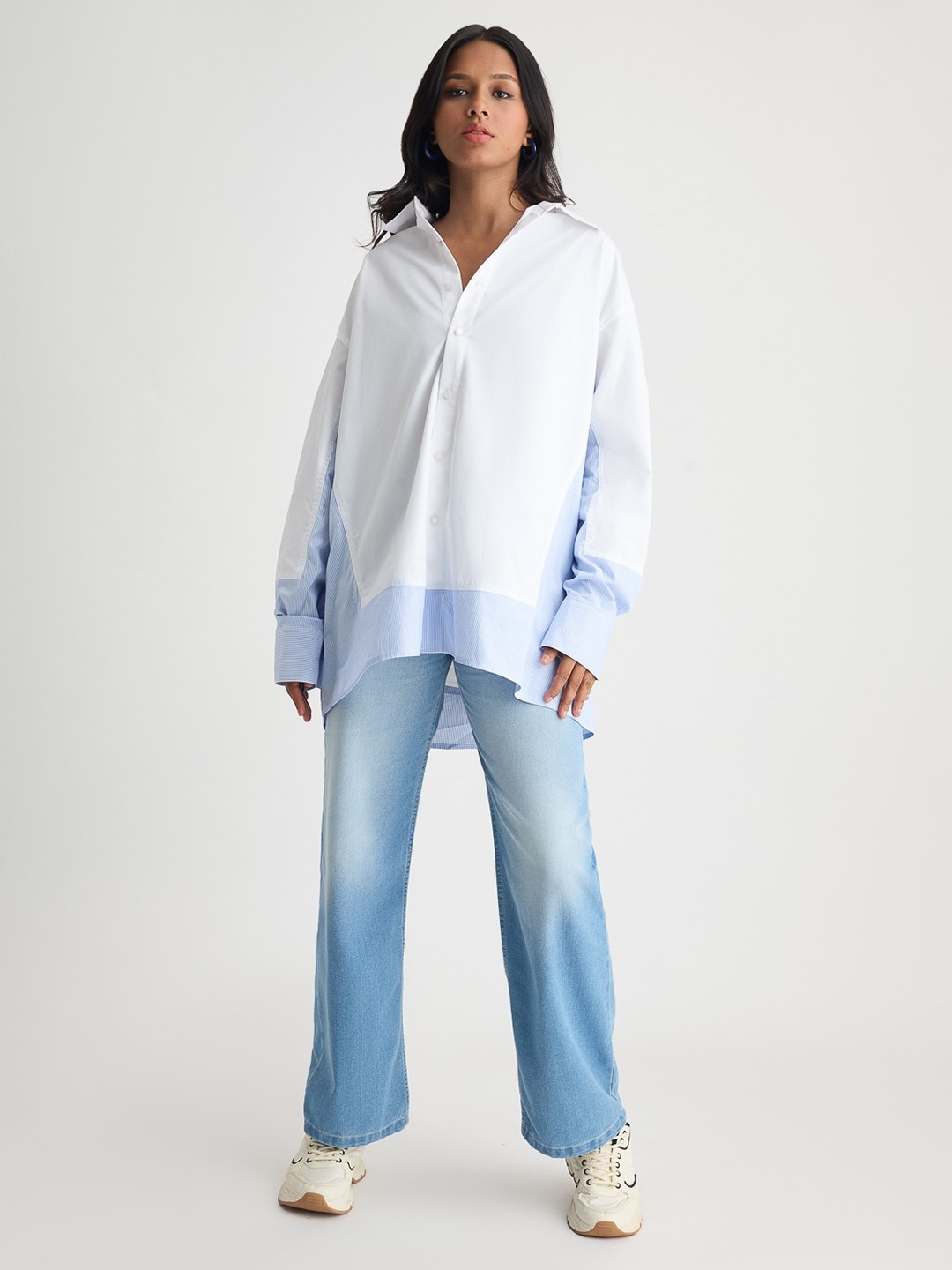 

FREAKINS Opaque Spread Collar Longline Casual Shirt, White
