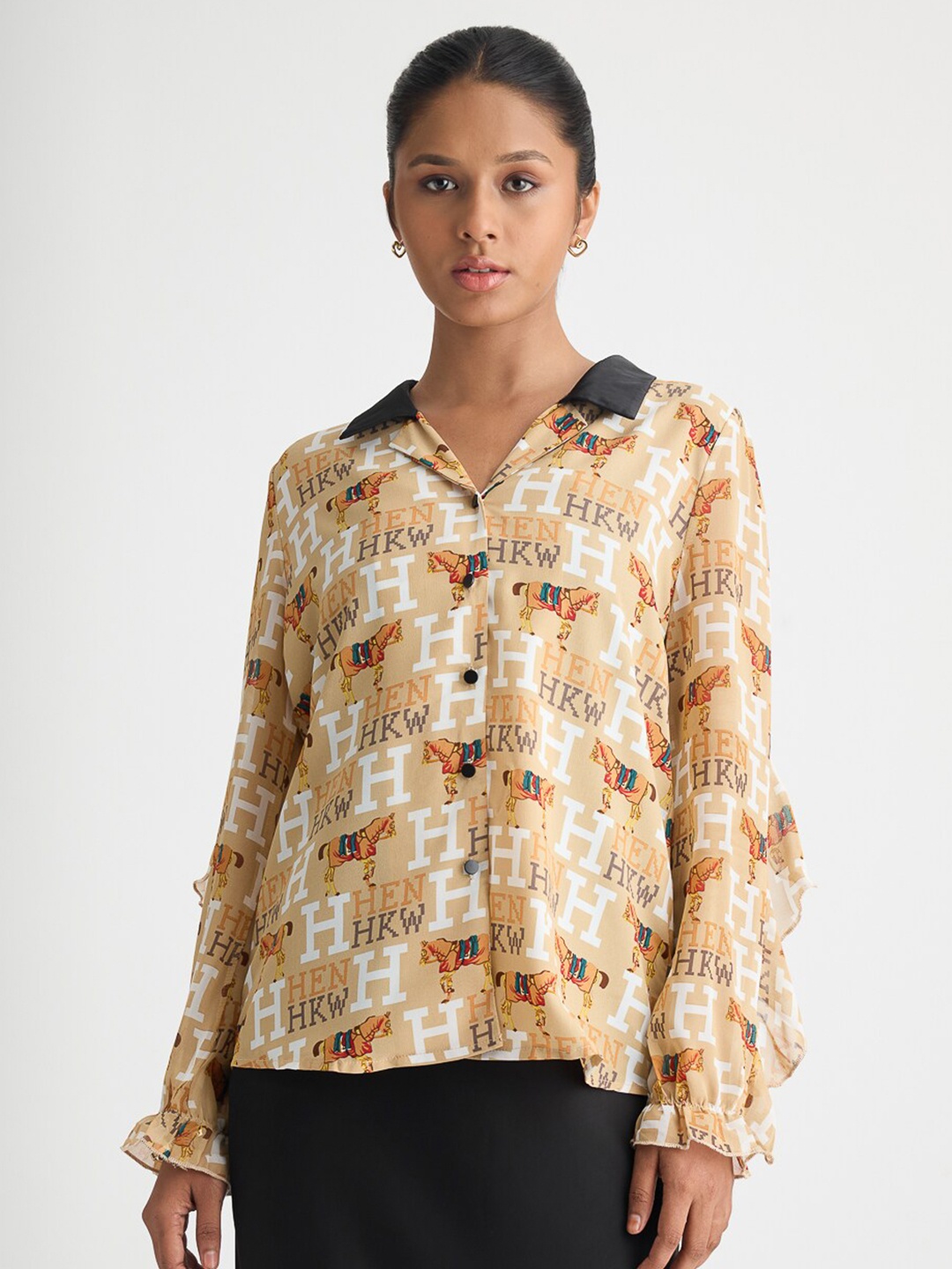 

FREAKINS Brown Printed Spread Collar Casual Shirt