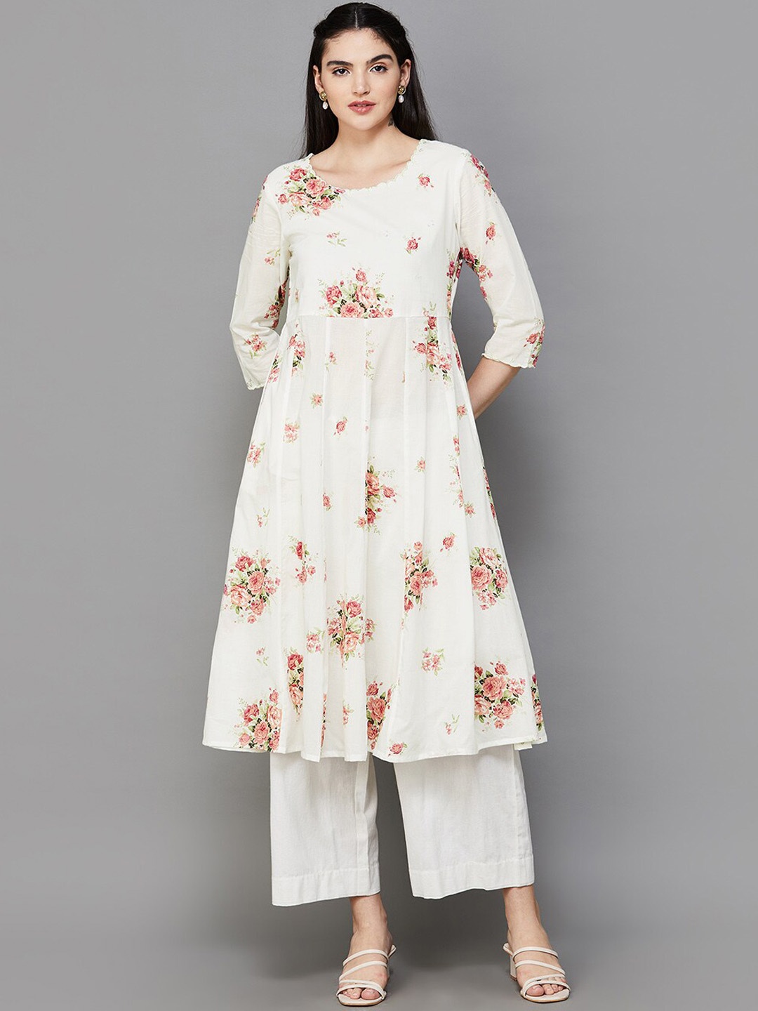 

Melange by Lifestyle Floral Printed A-Line Kurta, Beige