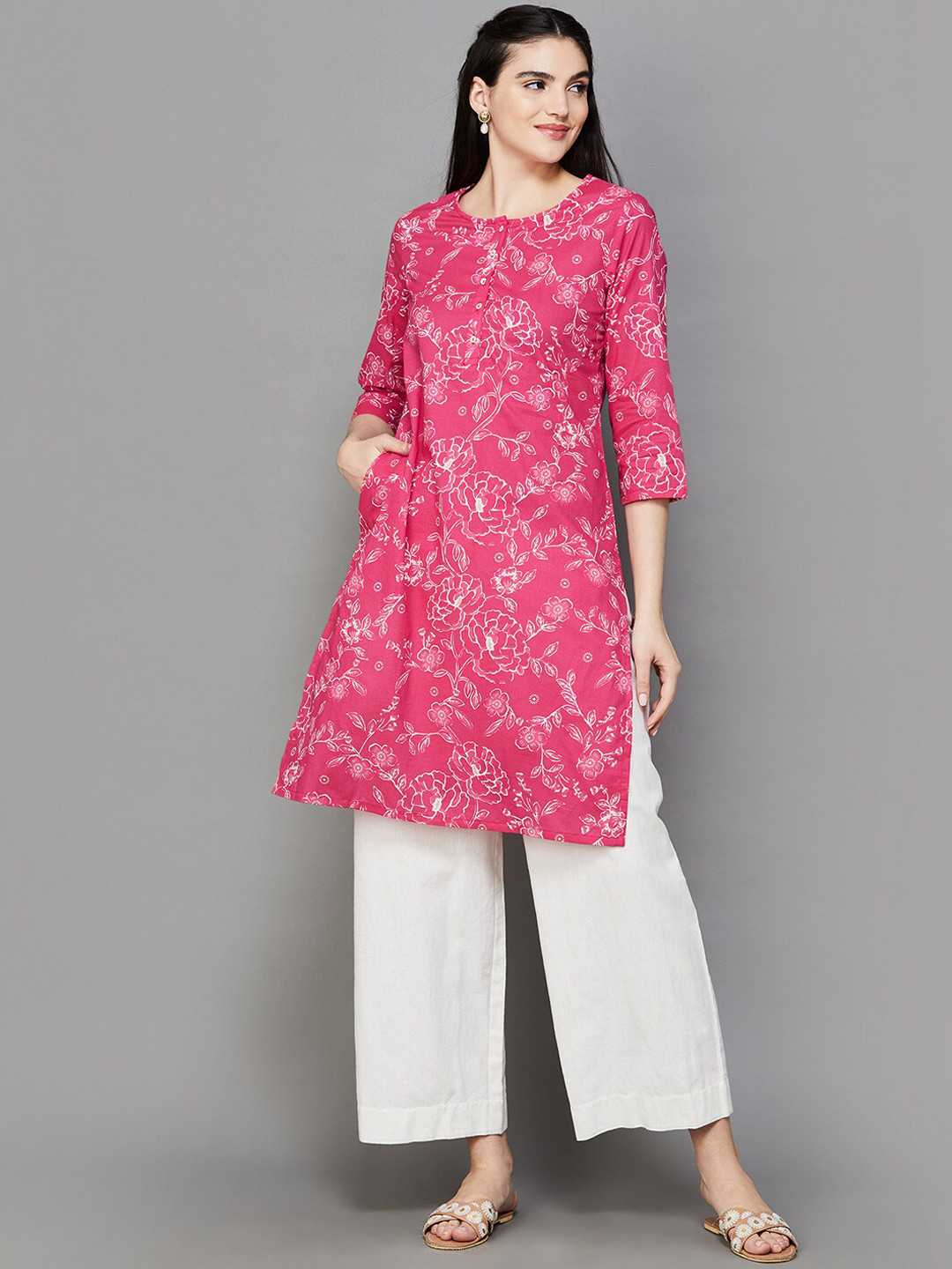 

Melange by Lifestyle Floral Printed Straight Kurta, Rose
