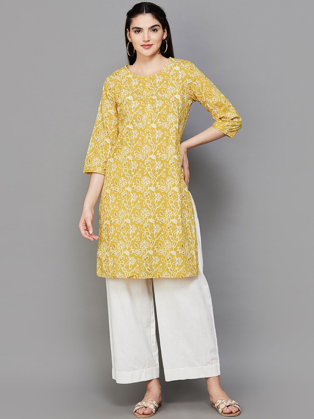 Melange by Lifestyle Floral Printed Straight Kurta, Yellow