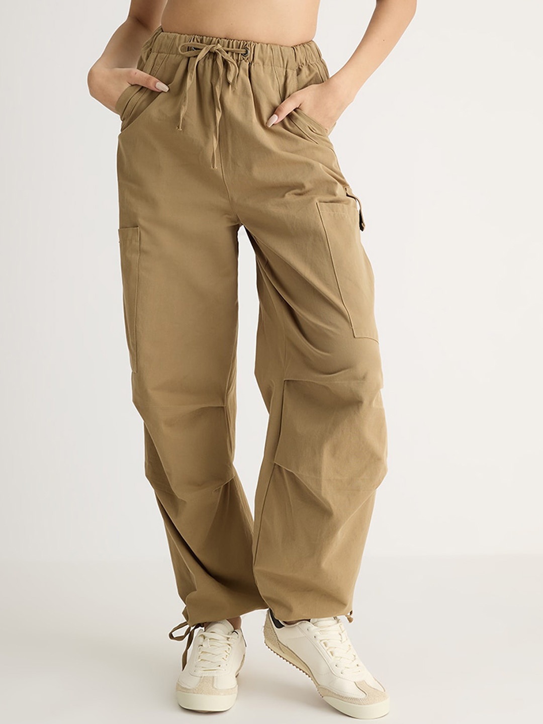 

FREAKINS Women Brown Straight Fit High-Rise Elasticated Cargos Trousers