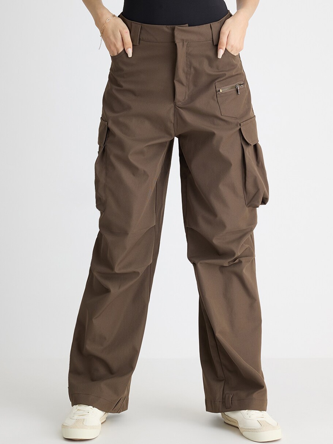 

FREAKINS Women Straight Fit High-Rise Cargos Trousers, Brown