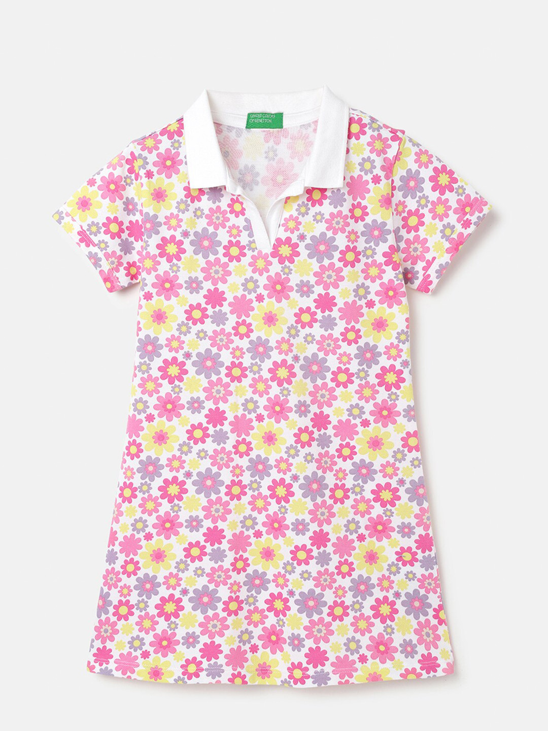 

United Colors of Benetton Girls Floral Printed Shirt Collar Pure Cotton T-shirt Dress, Yellow