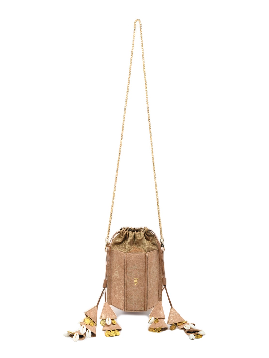 

IMMRI Embellished Leather Structured Sling Bag with Fringed, Gold