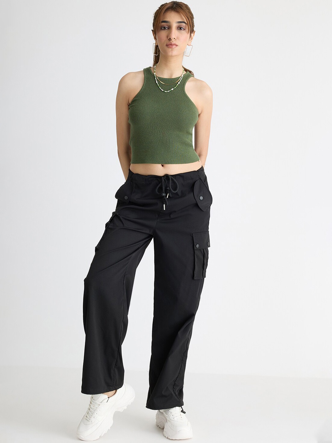 

FREAKINS Olive Green Round Neck Ribbed Cotton Tank Crop Top
