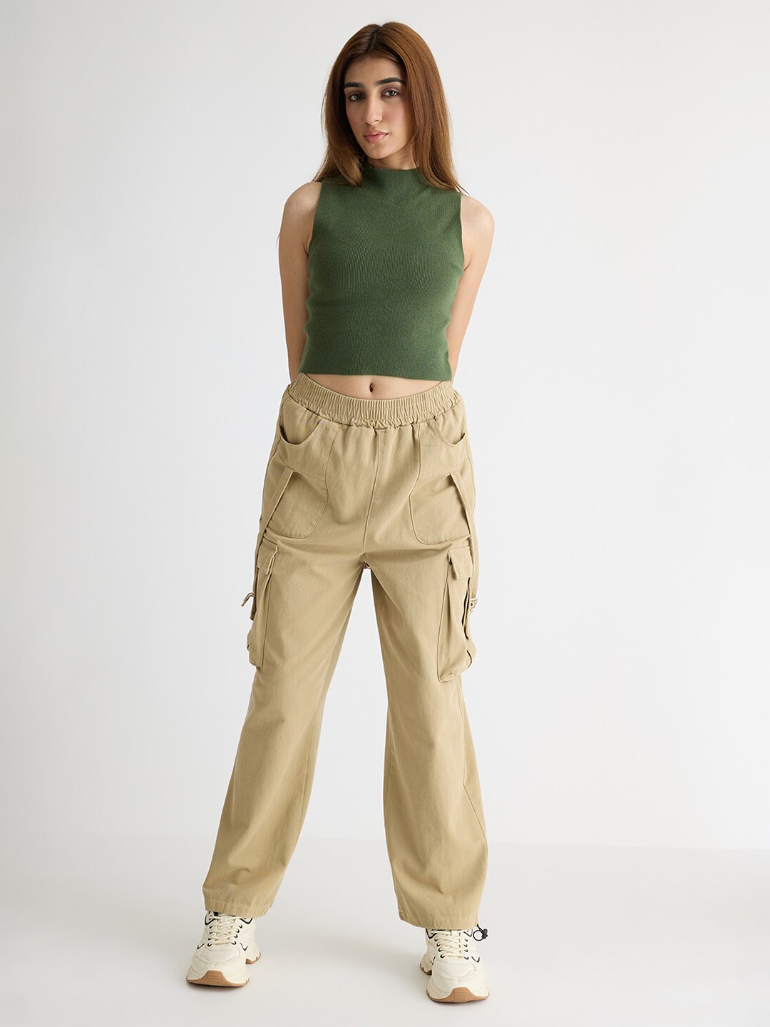 

FREAKINS Olive Green High Neck Ribbed Cotton Tank Crop Top