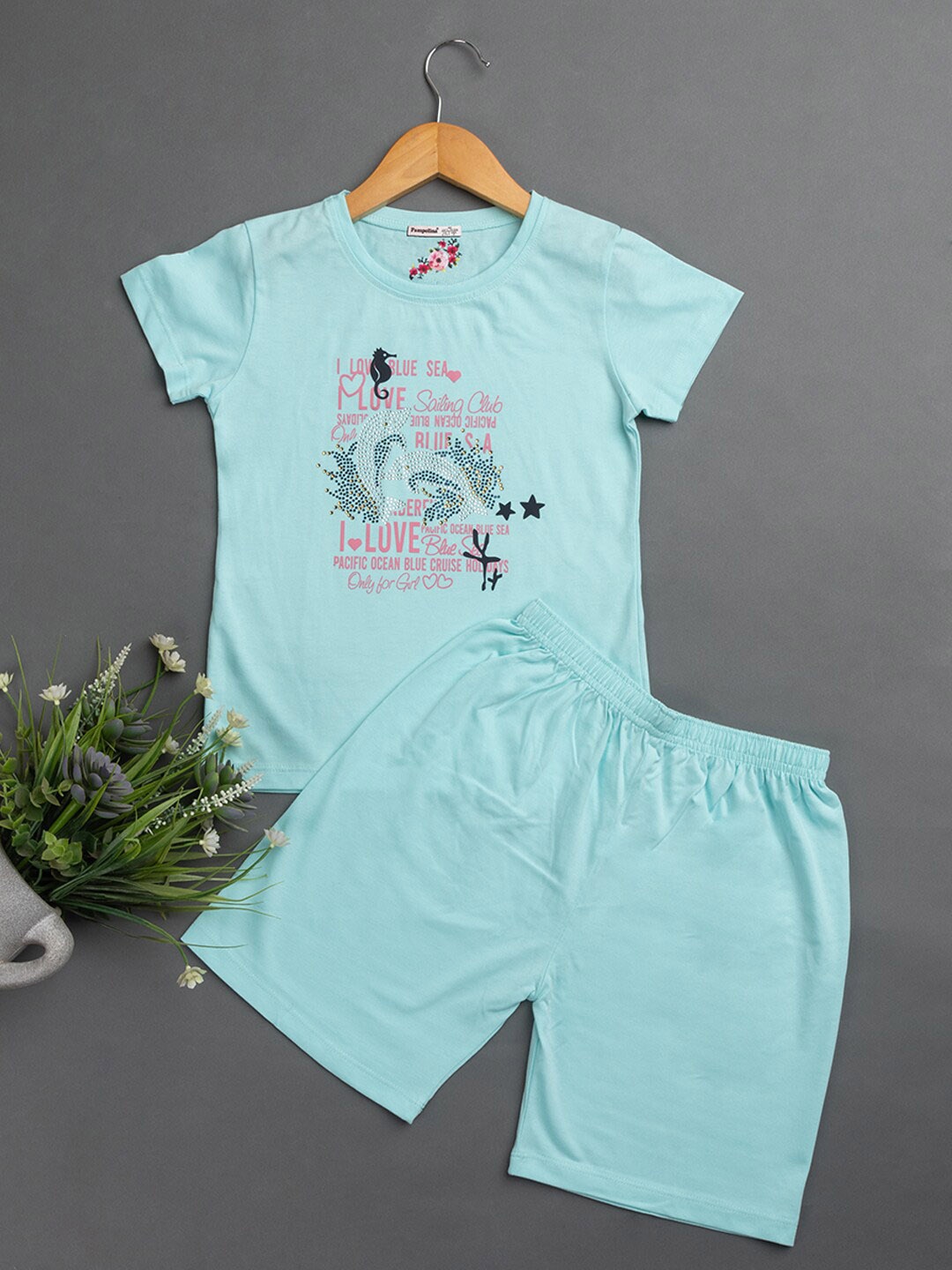 

PAMPOLINA Girls Typography Printed Night Suit, Turquoise blue