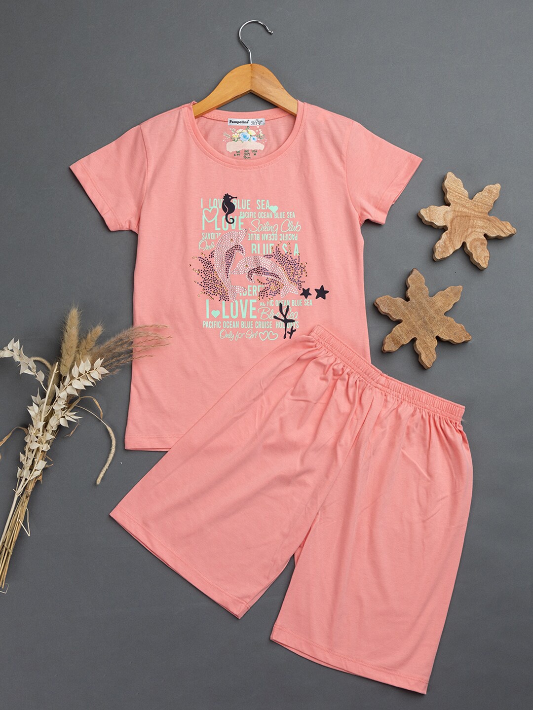 

PAMPOLINA Girls Typography Printed Night Suit, Peach
