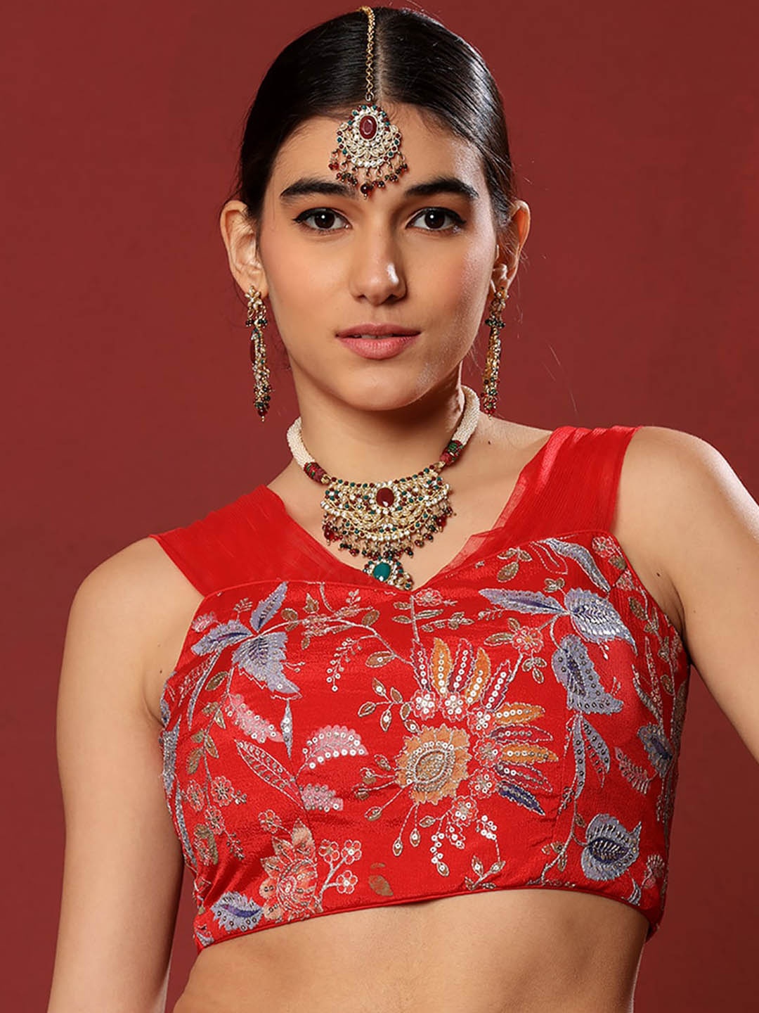 

Ethnovog Embroidered Saree Blouse, Red