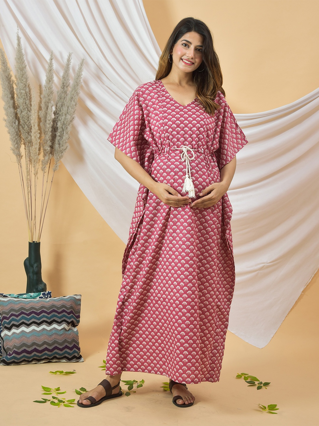 

LALI JAIPUR Floral Printed Flared Sleeves Maternity Kaftan Maxi Dress, Maroon