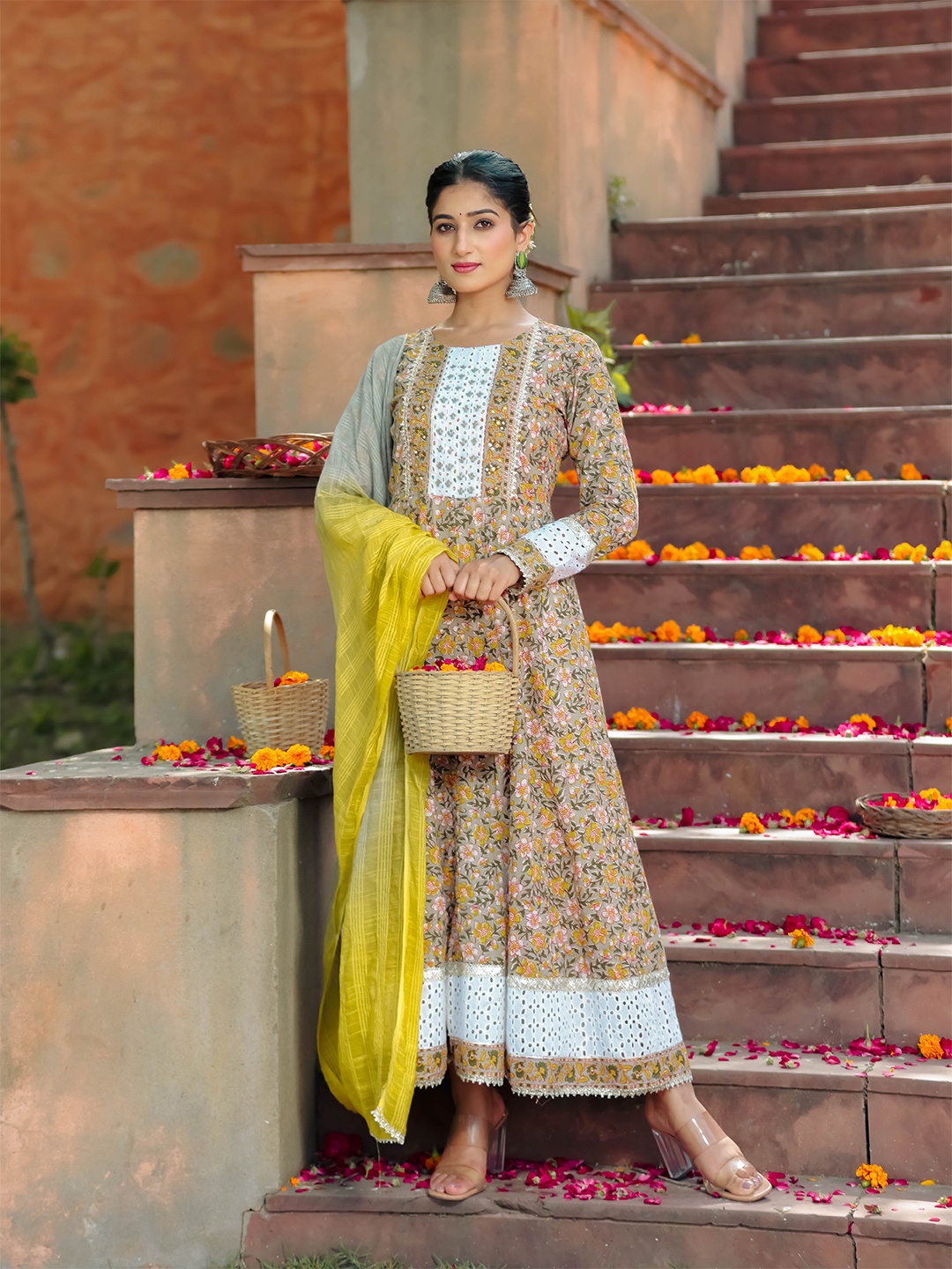 

LALI JAIPUR Floral Printed A-Line Ethnic Dress With Dupatta, Yellow
