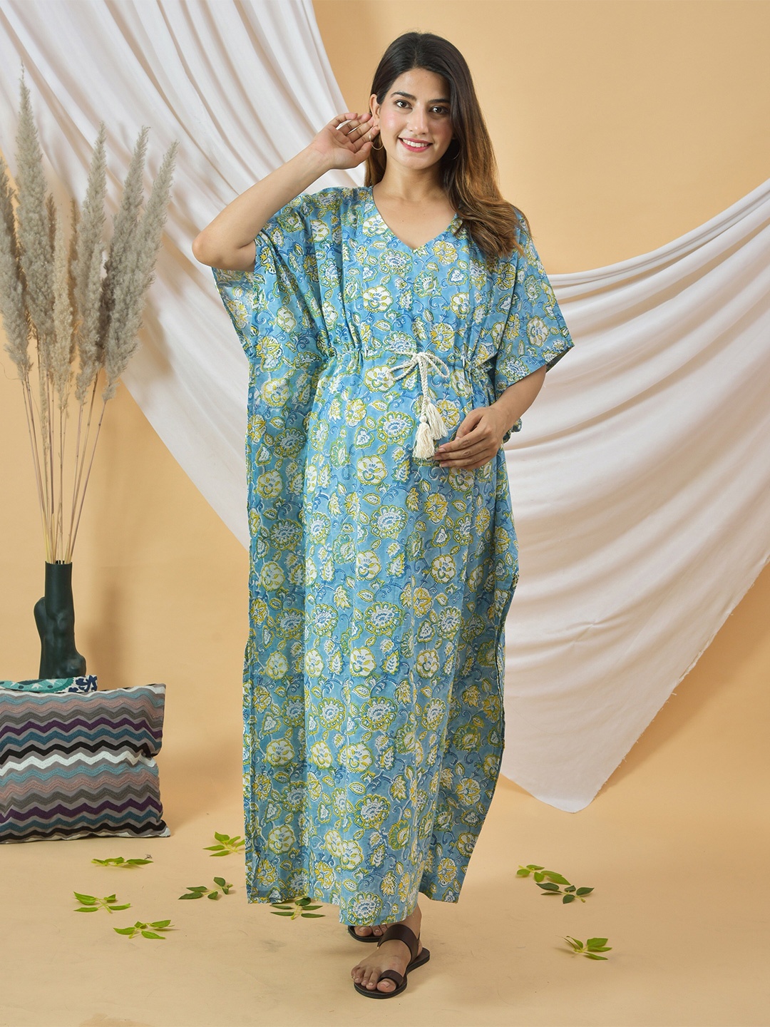 

LALI JAIPUR Ethnic Motifs Printed Cotton Maternity Maxi Dress, Blue