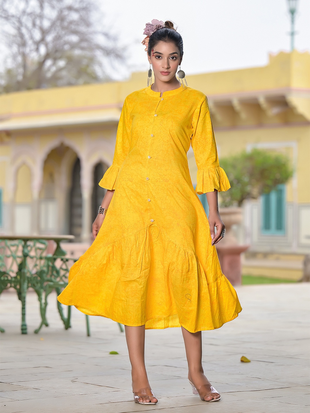 

LALI JAIPUR Printed Bell Sleeve Cotton A-Line Midi Dress, Yellow