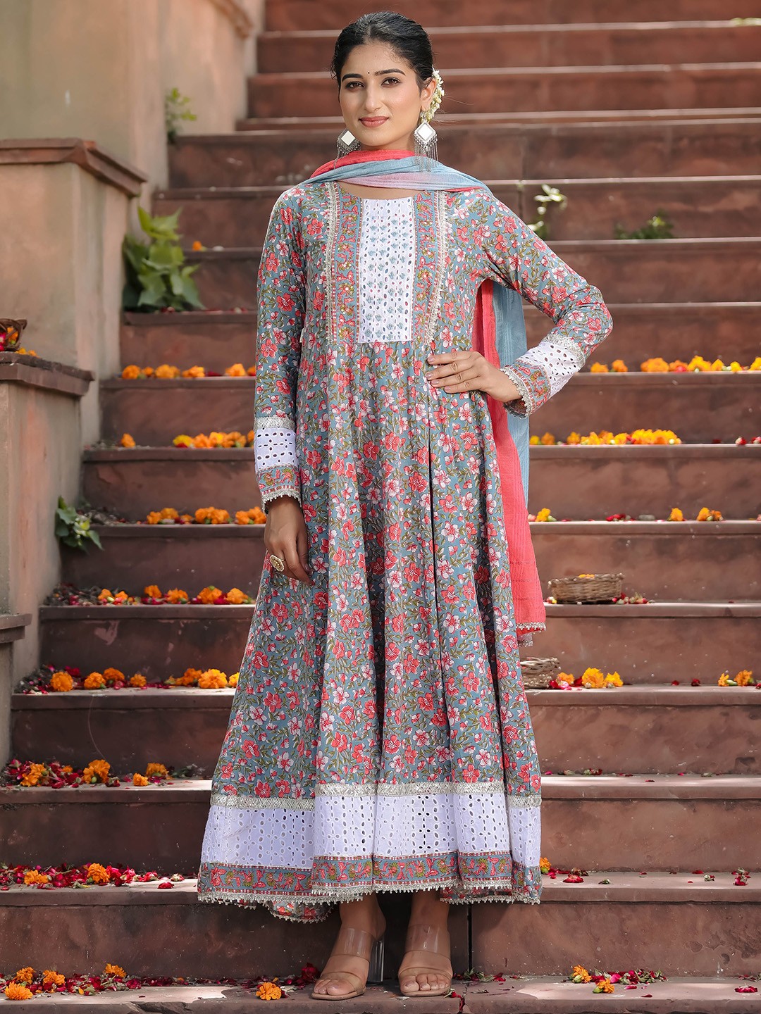 

LALI JAIPUR Floral Printed Cotton Fit and Flare Maxi Ethnic Dress, Blue