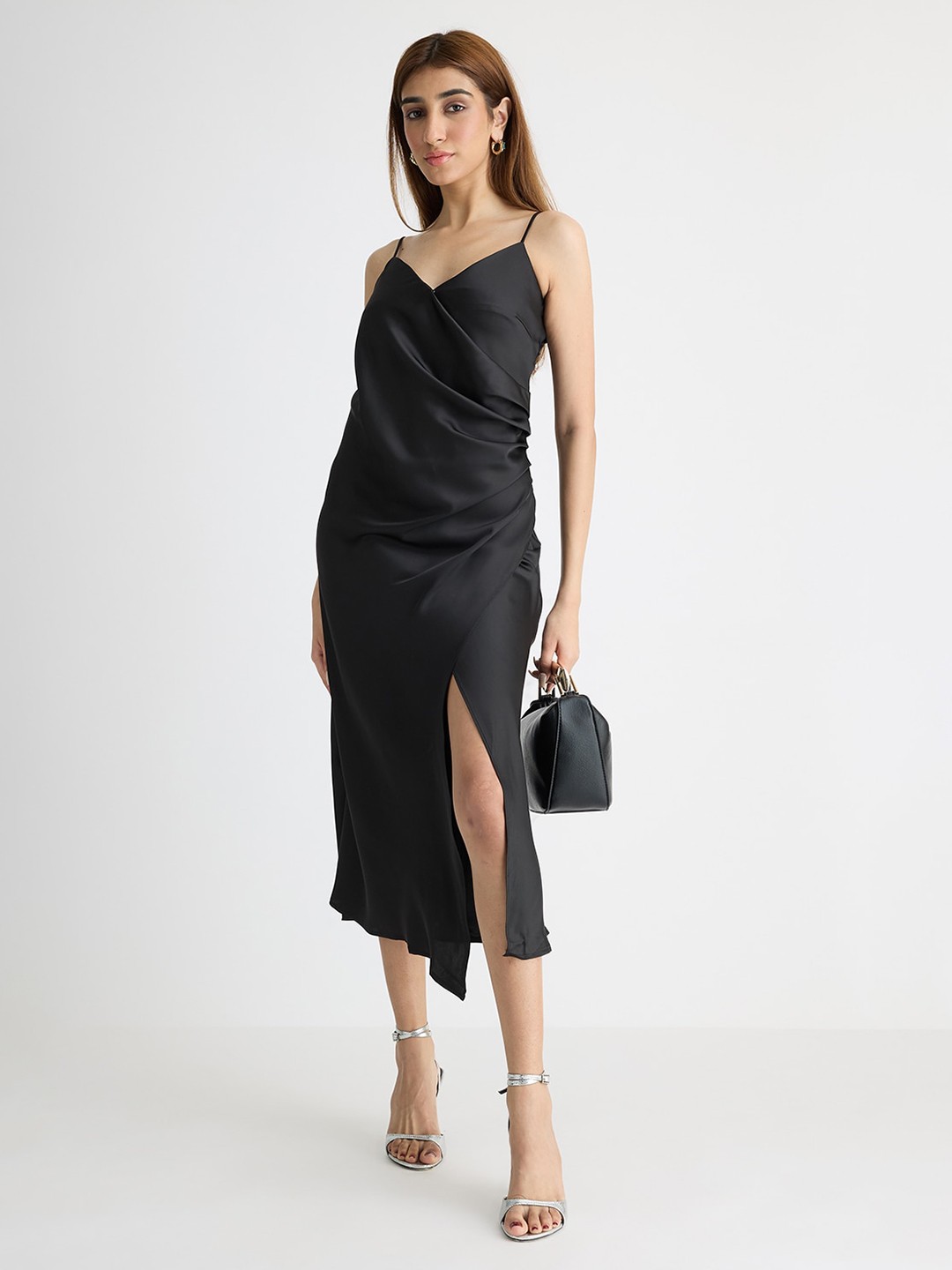 

FREAKINS Satin Shoulder Strap Sheath Midi Dress, Black