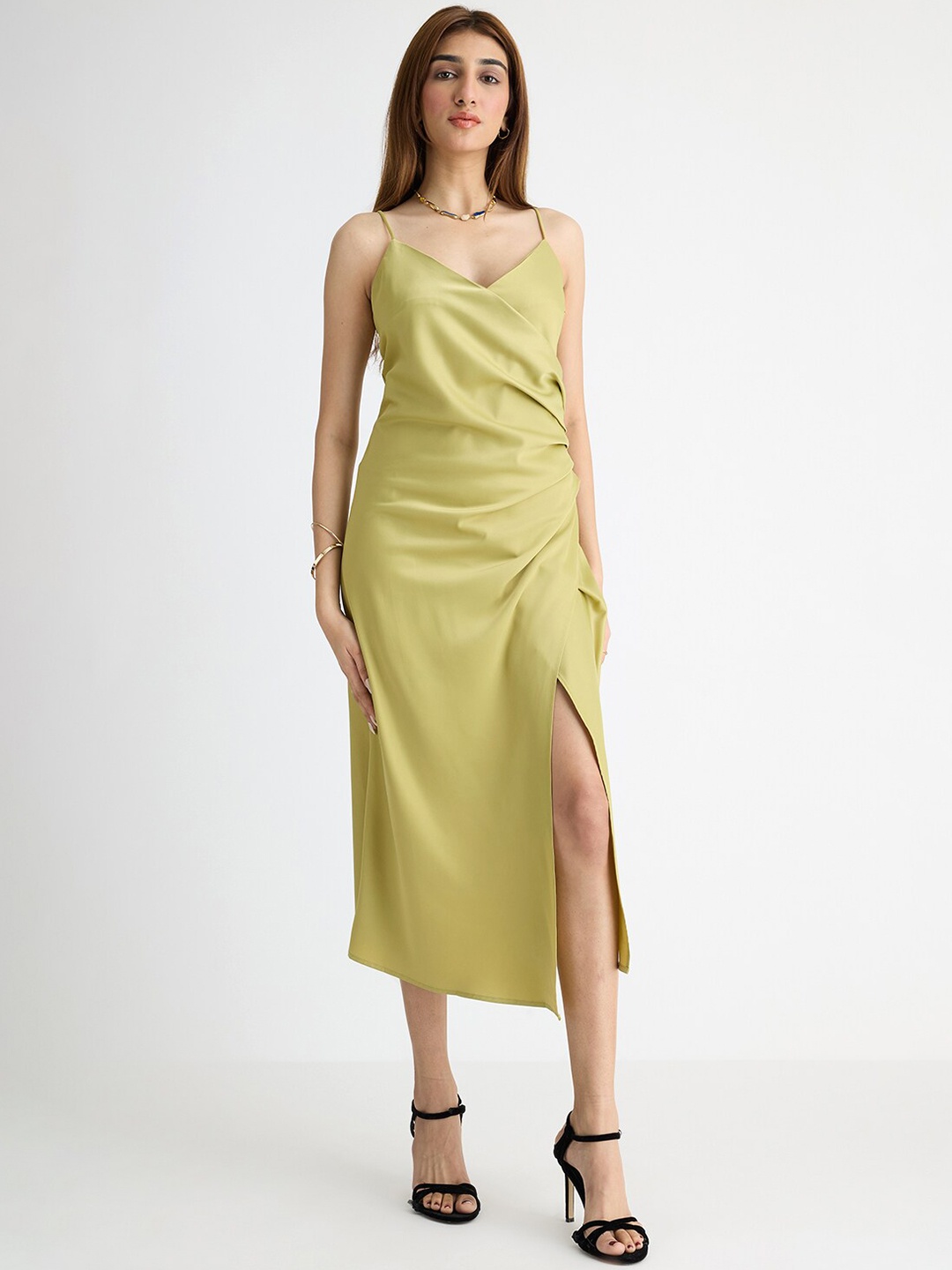 

FREAKINS Satin Shoulder Straps Midi Dress, Green
