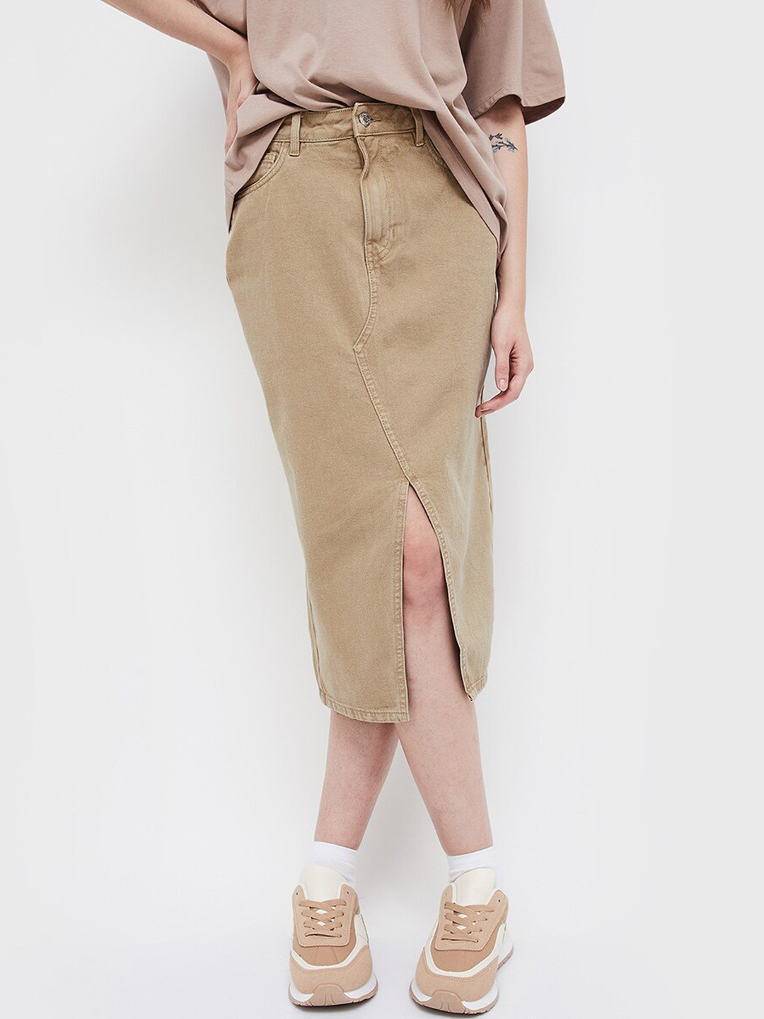 

Ginger by Lifestyle Pure Cotton Straight Skirt, Beige