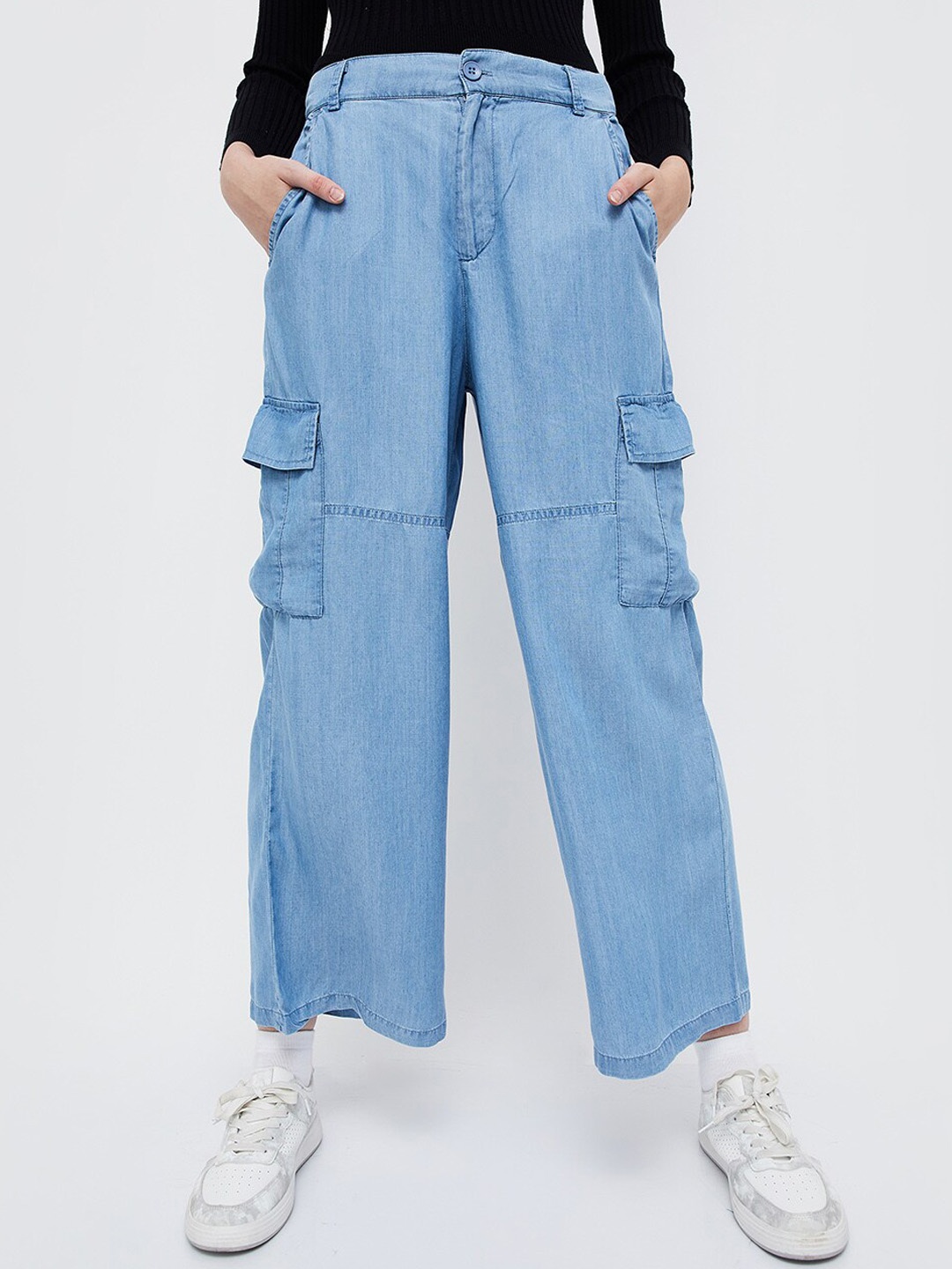 

Ginger by Lifestyle Women Mid Rise Pure Cotton Cargo Trouser, Blue