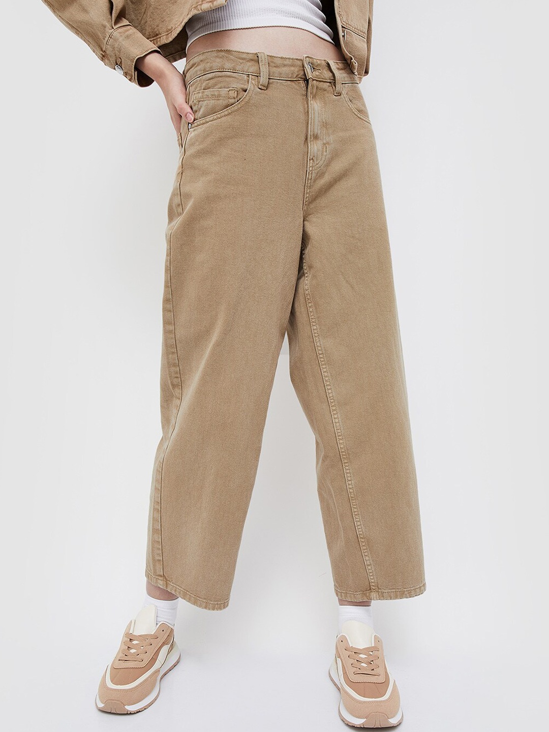 

Ginger by Lifestyle Women Clean Look Wide Leg Cotton Jeans, Beige