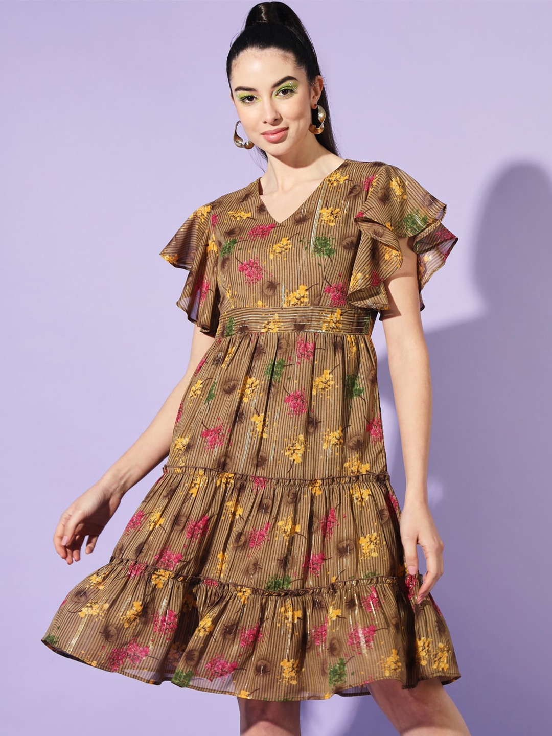 

Slenor Floral Printed Flutter Sleeves Tiered Georgette Fit and Flare Dress, Brown