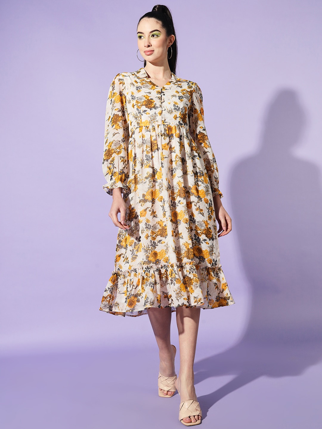 

Slenor Floral Printed Puffed Sleeves Tiered Georgette Fit & Flare Midi Dress, Yellow