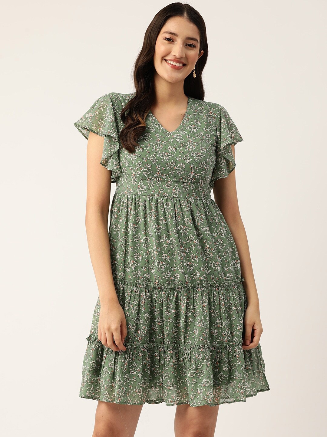 

Slenor Floral Printed Flutter Sleeves Georgette Tiered Fit & Flare Dress, Green