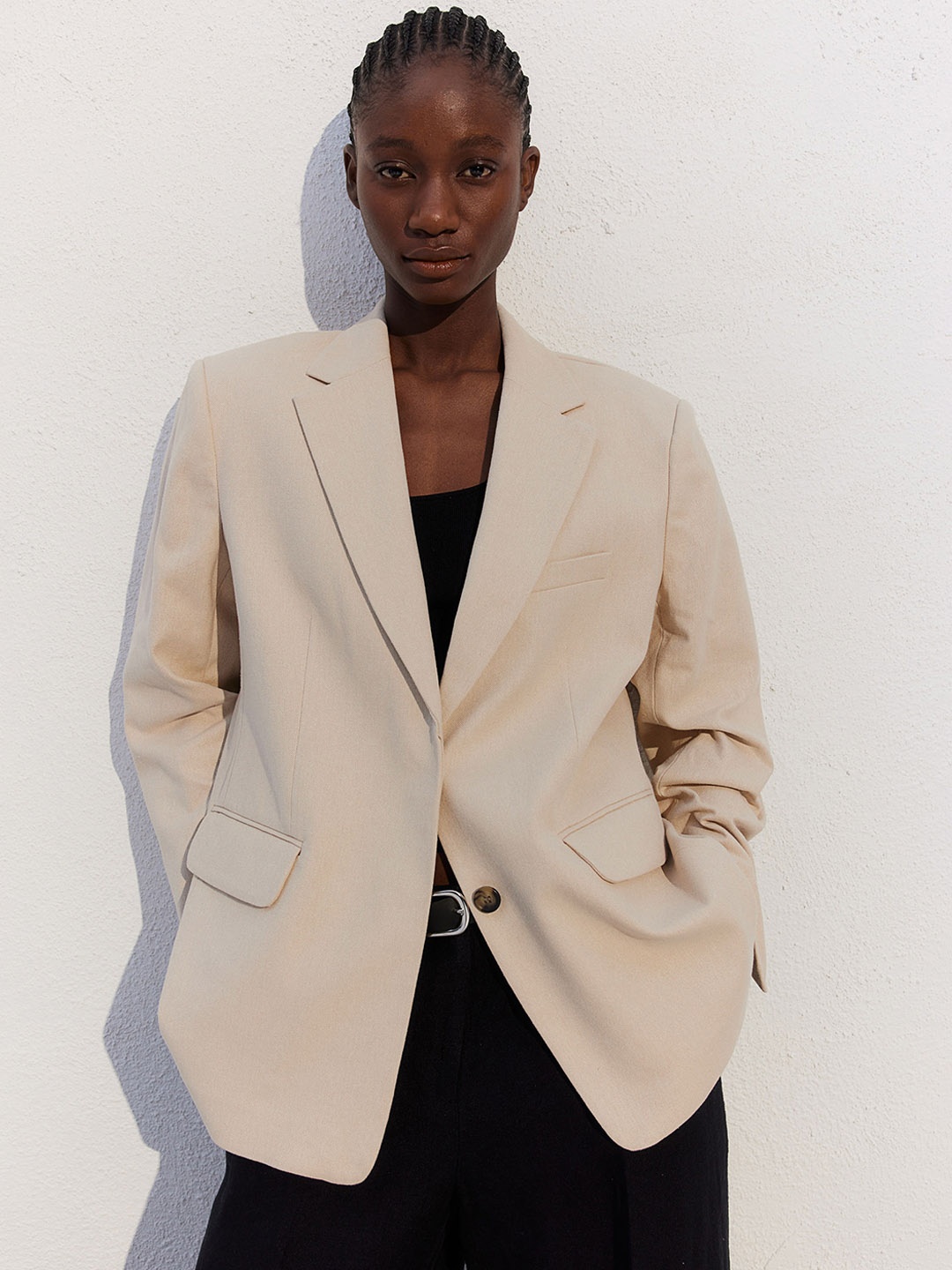 

H&M Oversized Linen-Blend Blazer, Beige
